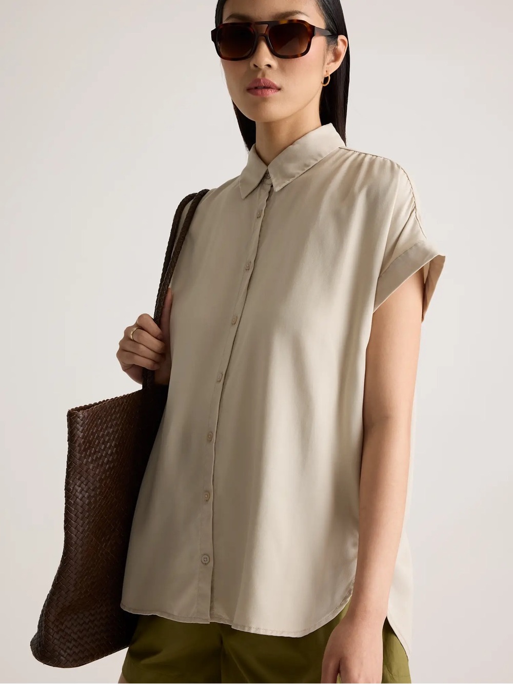 Quince Beige Button-Up Short Sleeve Blouse - Picture 5 of 8
